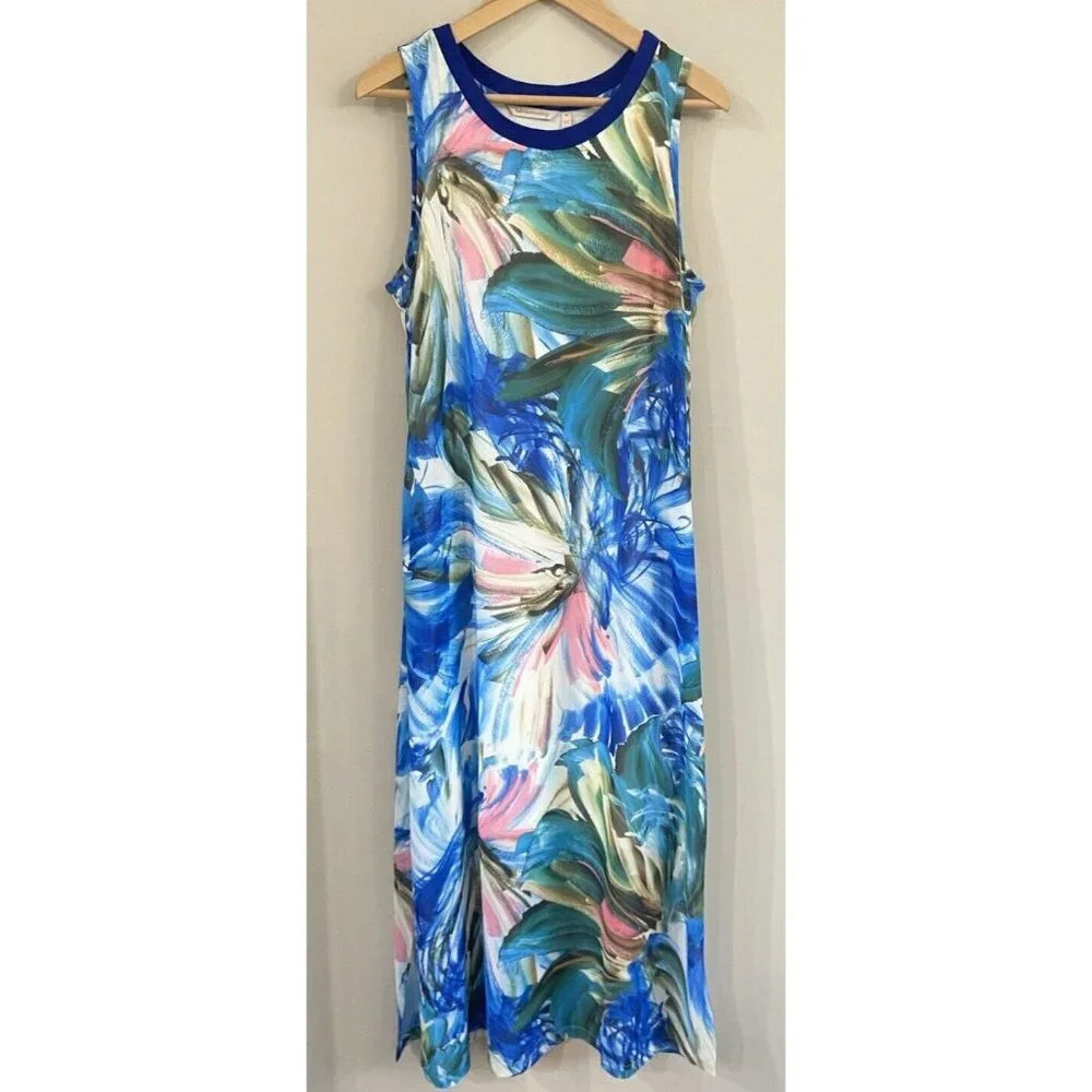 Soft Surroundings Maxi Dress Sleevless Blue Green Pink Tropical Medium M
